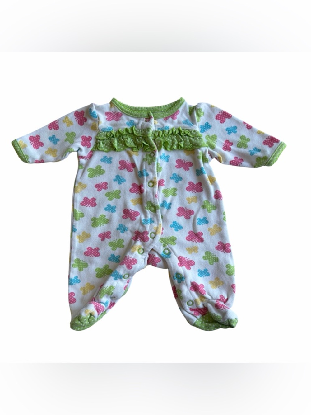 Baby One-Piece Footed Sleeper - Green Trim with Multicolor Butterfly Print
